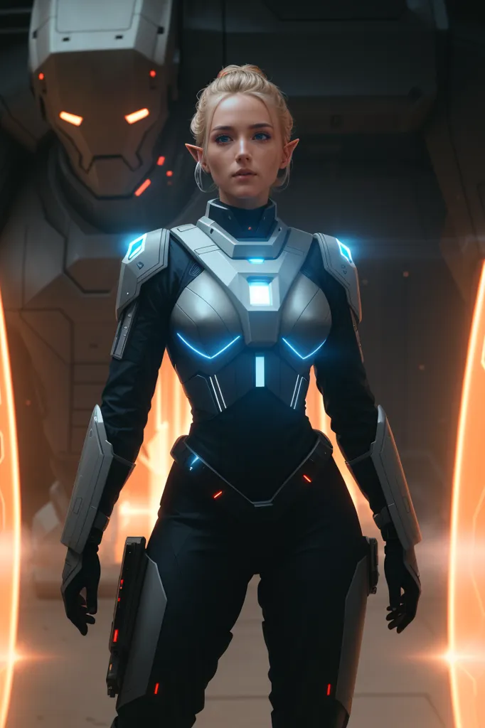 The image shows a female warrior standing in a futuristic setting. She is wearing a silver and black bodysuit with a glowing blue light on her chest. She has blonde hair and pointed ears, and her eyes are a piercing blue. She is standing in front of a large, grey robot, and there are orange lights glowing on either side of her.