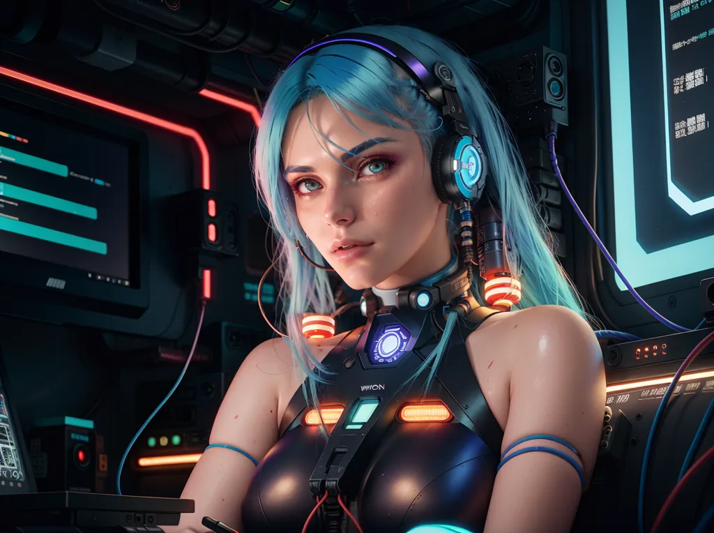 Esta es una imagen de una mujer joven con el cabello azul y ojos azules. Lleva un atuendo negro y azul y tiene muchos cables y aparatos conectados a su cuerpo. Está sentada en una habitación oscura con mucha tecnología a su alrededor. Mira a la cámara con una expresión seria.