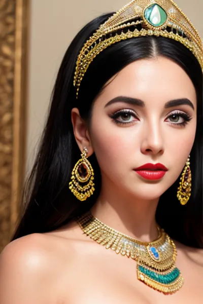 The image shows a young woman with long black hair and dark eyes. She is wearing a gold and green jeweled headpiece, a matching necklace, and earrings. Her makeup is flawless, with a smoky eye and bright red lip. She is wearing a white off-the-shoulder dress with a sweetheart neckline. The image is cropped at the shoulders.