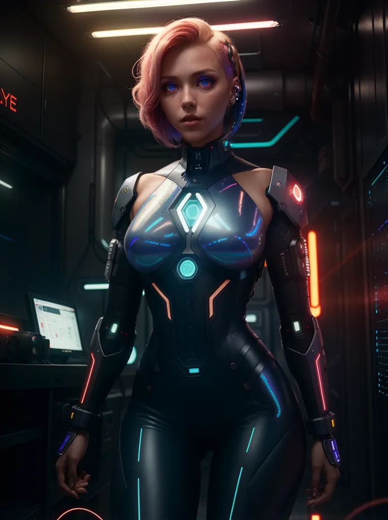 The image shows a woman wearing a black and blue bodysuit with pink hair. The bodysuit has blue and orange lights on it. She is standing in a dark room with a lot of technology. There are blue lights on the walls and orange lights on the floor.