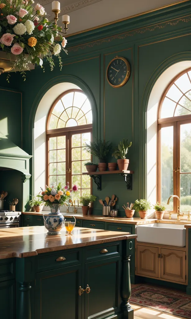 La imagen muestra una cocina verde grande con dos ventanas arqueadas, una isla de cocina y una gran mesa de comedor de madera con un jarrón de flores. La isla de cocina tiene una encimera de mármol verde y armarios blancos. Hay varias plantas en los estantes y encimeras, y un gran ramo de flores colgando del techo. Las paredes están pintadas de verde y el suelo está cubierto con una alfombra marrón con estampado. Hay un reloj en la pared y varias obras de arte en las paredes. La cocina está decorada en un estilo moderno con un toque de encanto rústico.