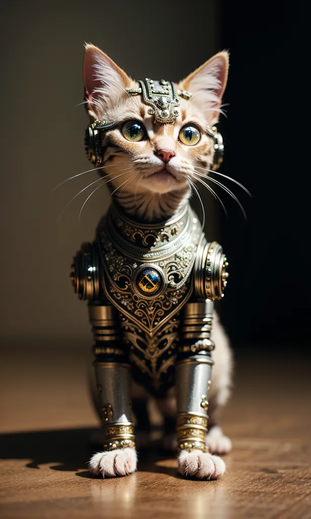 Görüntü, bir kedinin steampunk tarzı zırh giydiğini gösteriyor. Zırh metal yapılı ve ayrıntılı işçiliğe sahip. Kedi ahşap bir yüzeyde oturuyor ve kameraya bakıyor. Görüntü iyi aydınlatılmış ve sıcak bir tona sahip.