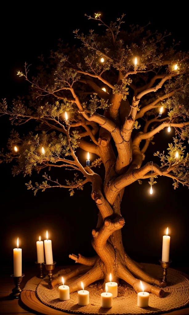 This is a photo of a tree with candles on it. The tree is in a dark room, and the only light comes from the candles. The candles are placed on the branches of the tree, and some on the ground around the tree. The tree is decorated with small, white lights. The leaves of the tree are green. The candles are different sizes and shapes. Some of the candles are tall and thin, while others are short and fat. The tree is tall and has a thick trunk. The branches of the tree are bare, except for the small, white lights. The photo is taken from a low angle, which makes the tree look tall and imposing. The overall effect of the photo is one of beauty and mystery.