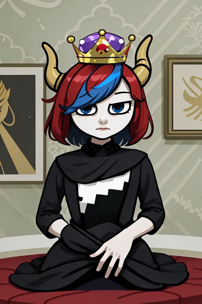 This image shows a girl with red and blue hair wearing a golden crown with a red jewel in the center. She is wearing a black dress with a white square on the chest area. She is sitting on a red cushion with her legs crossed and her hands resting on her lap. The background has a green wallpaper with two pictures hanging on the wall behind her.