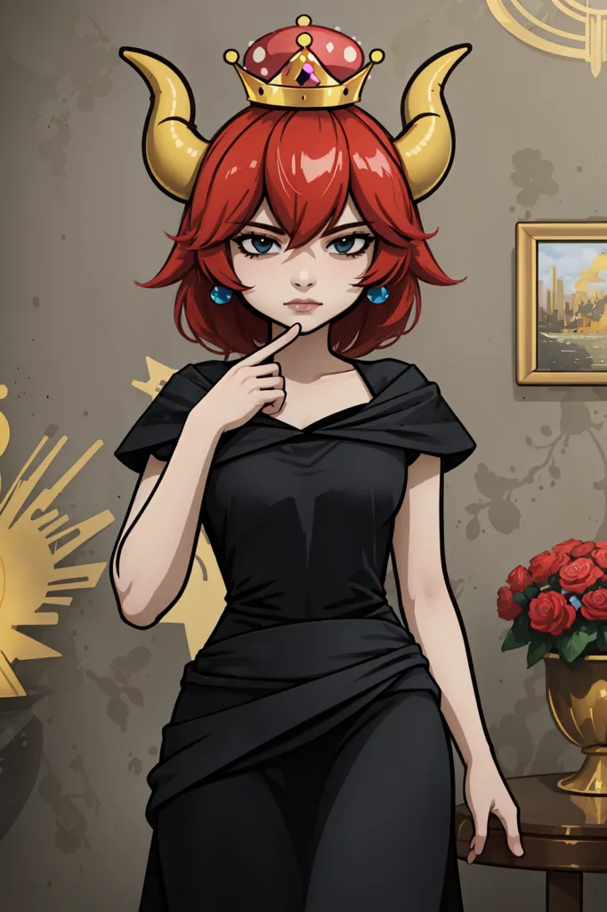 This is an image of a woman with red hair and horns wearing a black dress and a golden crown. She has blue eyes and is looking at the viewer with a serious expression. She is standing in front of a wall with a painting of a cityscape on it. There is a vase of red roses on a table next to her.