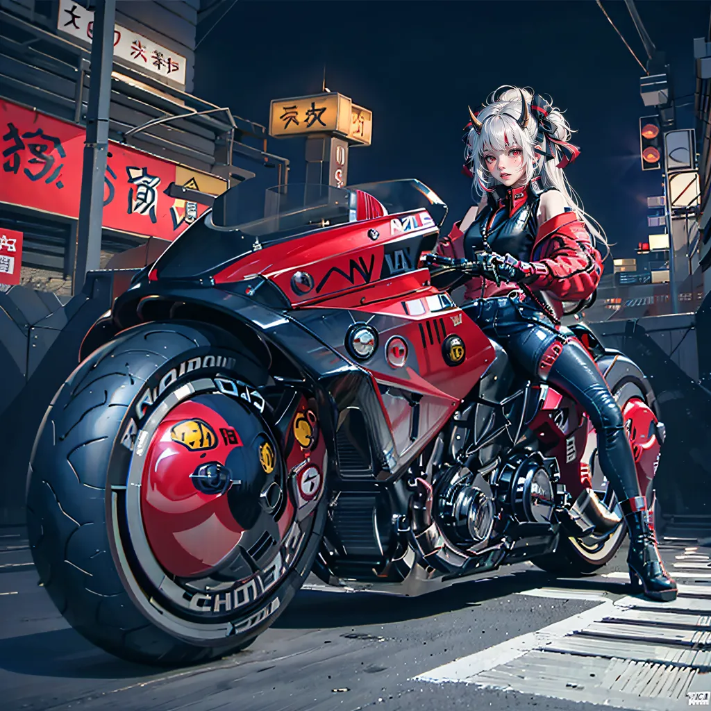 The image is of a young woman with white hair and red horns sitting on a red and black motorcycle. She is wearing a black leather jacket and pants. The motorcycle has a large front wheel and a small back wheel. The background is a city at night. There are Chinese characters on the buildings.