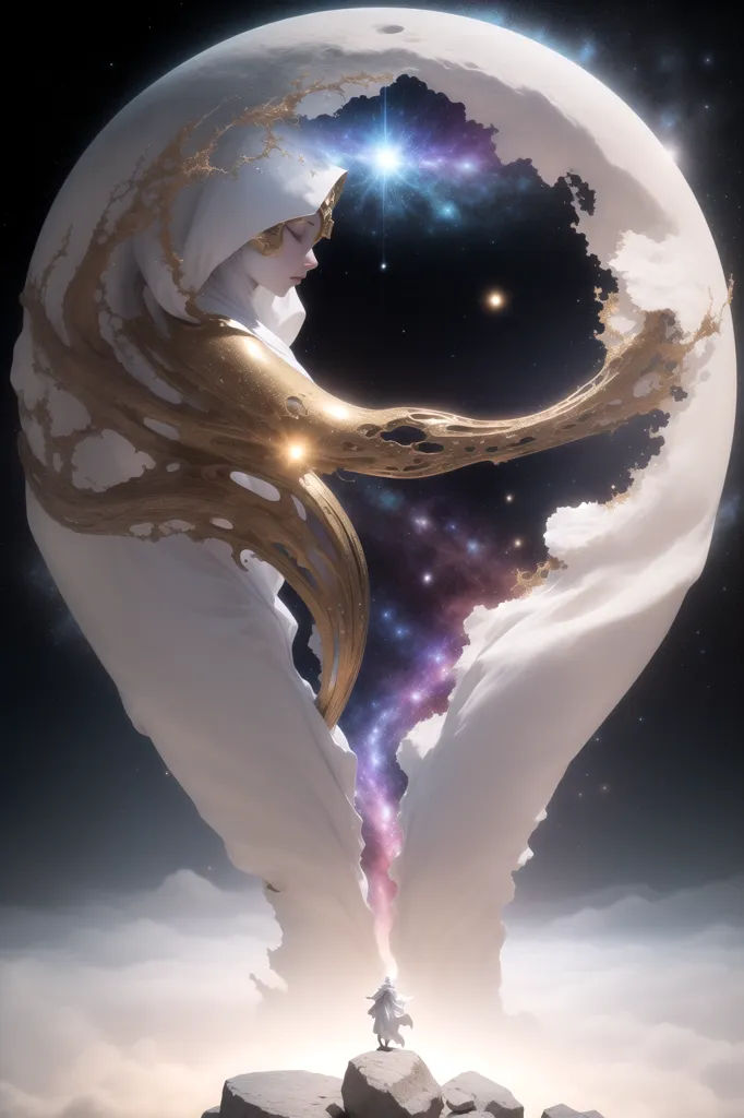 The image is a depiction of a celestial being. The being is a woman with long, flowing hair and a serene expression on her face. She is dressed in a white robe and has a golden halo around her head. She is standing in front of a large, glowing orb that is made of a white material. The orb is cracked and has a golden glow emanating from within. The being is holding the orb in her hands. The background of the image is a dark, starry sky. There is a figure of a person standing on a rock in front of the being.