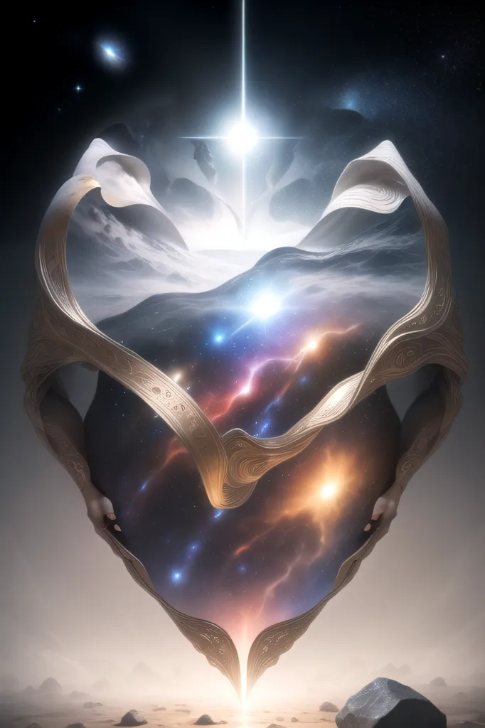 The image is a surreal and abstract depiction of a heart-shaped portal to another dimension. The portal is held open by two hands, one on each side. Inside the portal, there is a bright light surrounded by colorful clouds and stars. Outside the portal, there is a dark background with a few stars. The portal is made of a golden material and has intricate designs on it. The hands holding the portal are made of the same material as the portal.