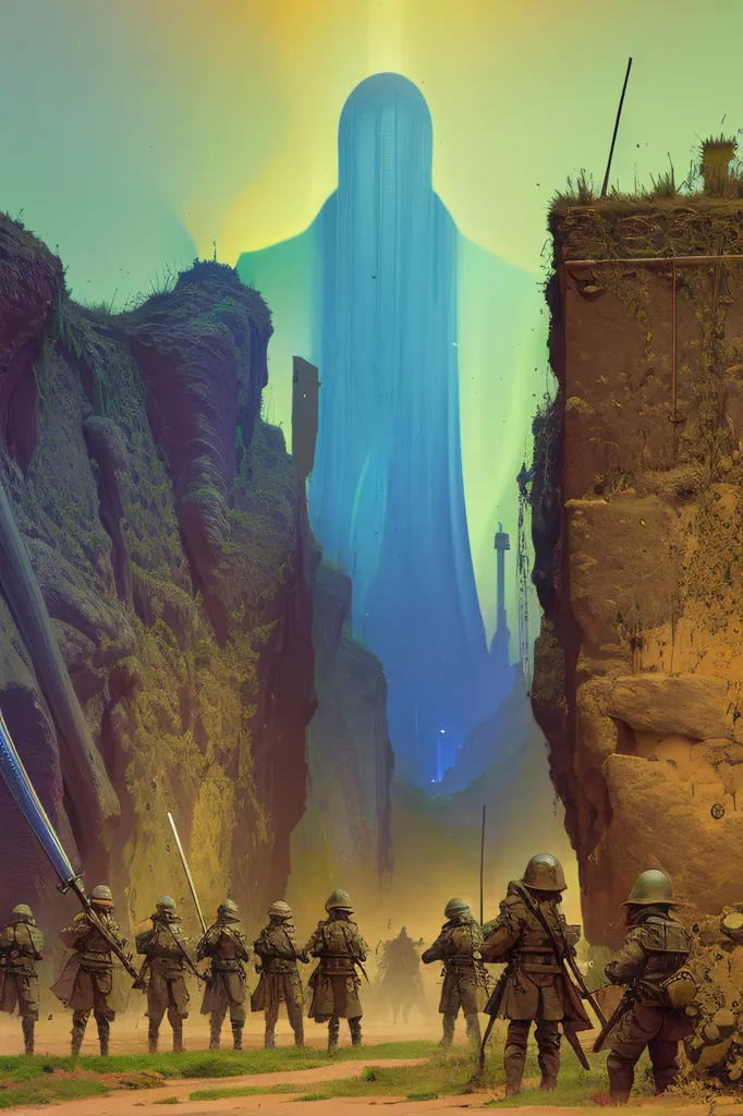 The image is set in a canyon. The canyon walls are very tall and steep. The sky is hazy and there are no visible stars or moon. In the distance, there is a large, glowing figure. The figure is humanoid, but it is very tall and thin. It is also very bright, and it is difficult to look at it directly. The figure appears to be looking down at the soldiers. The soldiers are all wearing military uniforms, and they are all carrying swords. They are standing in formation, and they appear to be ready for battle.