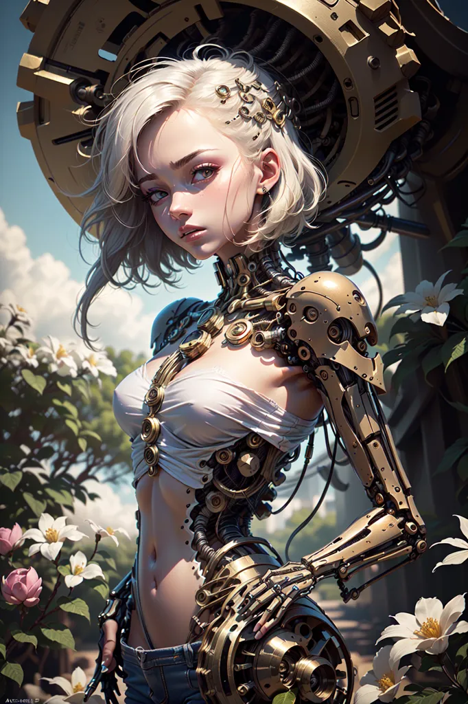 The picture shows a beautiful young woman with blond hair and steampunk style clothes. She is wearing a white top that exposes her midriff, and the left side of her face is covered by a mechanical mask with a glowing green eye. Her right arm is made of metal and has a large gear attached to the shoulder, and there are several small gears embedded in her skin. She is standing in a garden with white and pink flowers, and there is a large tree with green leaves in the background.