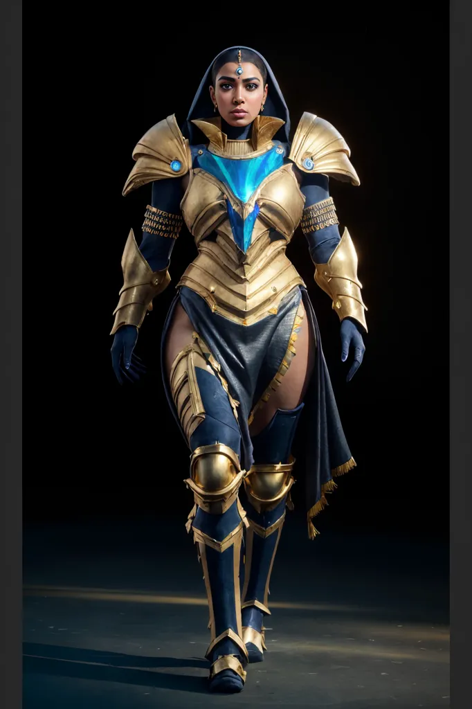 This is a picture of a person in a suit of golden armor with blue accents. The armor has intricate designs and appears to be made of metal. The person is wearing a dark-colored bodysuit underneath the armor. They are also wearing a blue scarf around their neck and have a blue gem embedded in their forehead. The person is standing in a powerful pose.