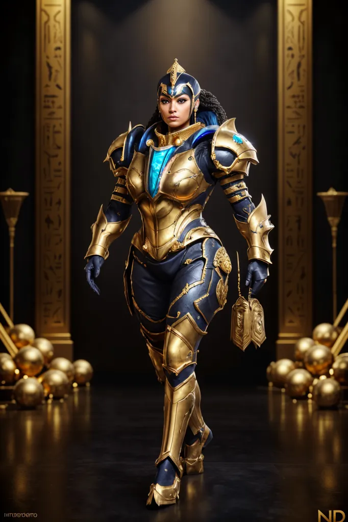 Esta es una imagen de una mujer de color. Está vestida con una armadura negra y dorada. La armadura tiene jeroglíficos egipcios en ella. También lleva un casco dorado y azul. Está caminando hacia el espectador. Hay esferas doradas a ambos lados de ella.