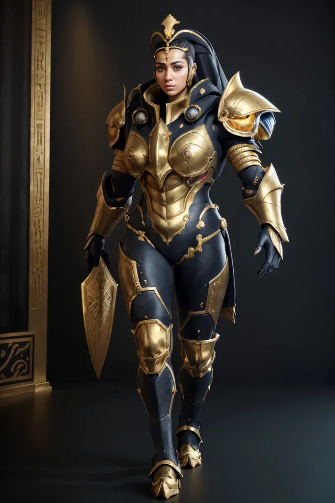 Esta imagem mostra uma mulher vestindo uma armadura preta e dourada. A armadura possui designs intrincados e um brilho dourado. Ela também está usando um cocar dourado e um cinto dourado. Ela está carregando uma espada dourada e um escudo dourado. Ela está em pé em uma sala escura com uma porta dourada atrás dela.