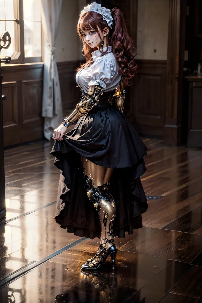 A imagem mostra uma empregada doméstica steampunk em um traje preto e branco. Ela tem cabelos castanhos e olhos vermelhos. Seu braço direito e suas duas pernas são feitos de metal. Ela está em pé em uma sala com um piso de madeira e uma grande janela.