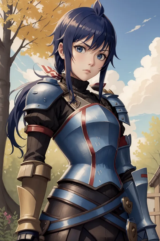 This is an image of a young woman with long blue hair and blue eyes. She is wearing a blue and gray armor with red accents. She is standing in a forest with a large tree behind her. She has a serious expression on her face.