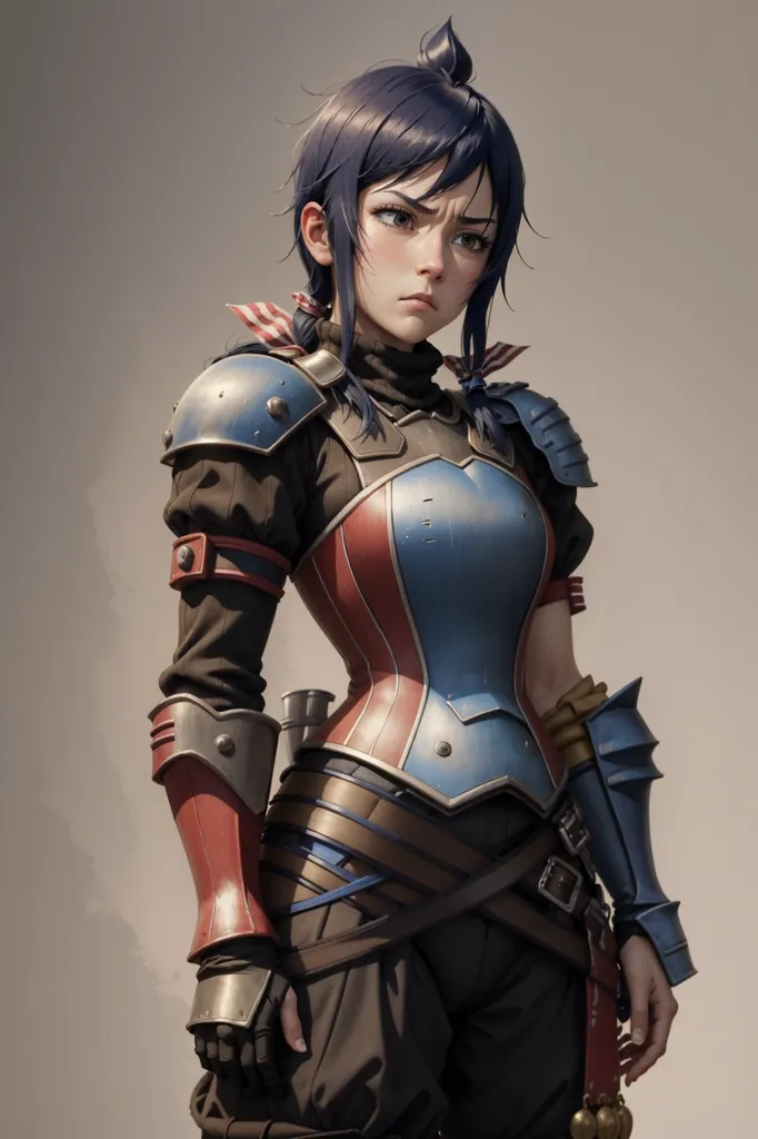 This is an image of a young woman with blue hair and brown eyes. She is wearing a red, blue, and silver armor with a white scarf around her neck. She has a serious expression on her face and is looking to the right.