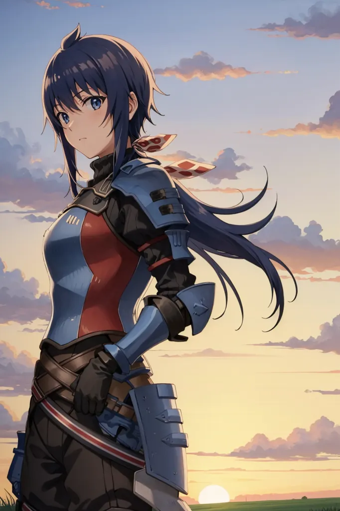 This is an image of a young woman with long blue hair and blue eyes. She is wearing a blue and red outfit with a white scarf around her neck. She is also wearing a brown belt and there is a sword on her left hip. She is standing in a field with a large sword in her hand. The sun is setting in the background and there are clouds in the sky.