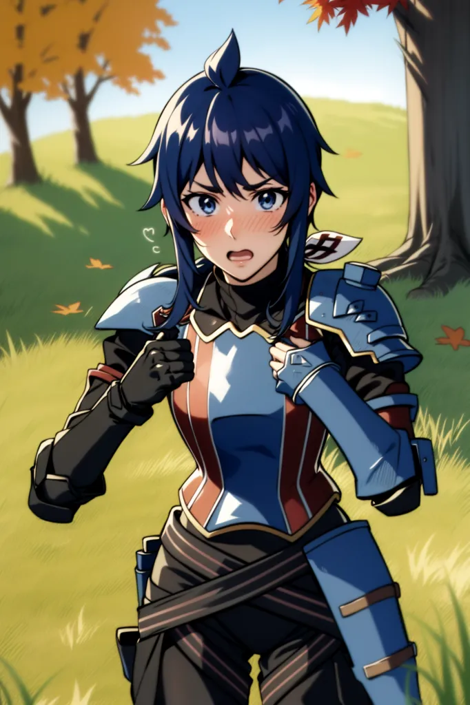 This is an image of a young woman with blue hair and blue eyes. She is wearing a blue and red outfit and is standing in a field. She looks like she is ready to fight.