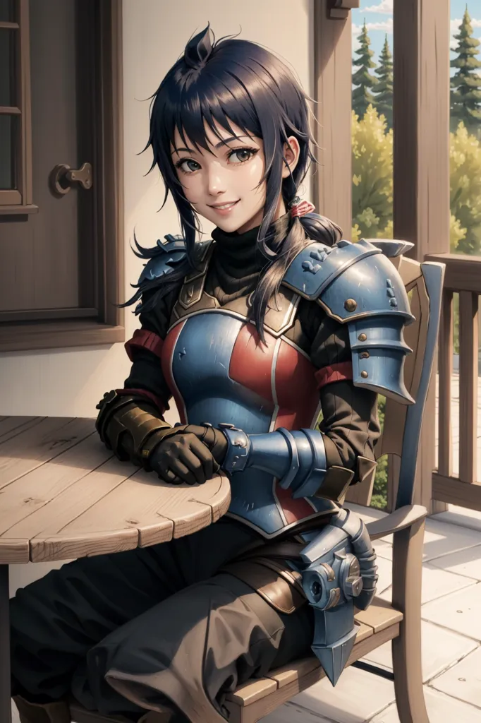 This image shows a young woman sitting on a chair. She has dark blue hair and green eyes. She wears a blue and red outfit with armor. There is a table in front of her and she has a confident smile on her face.