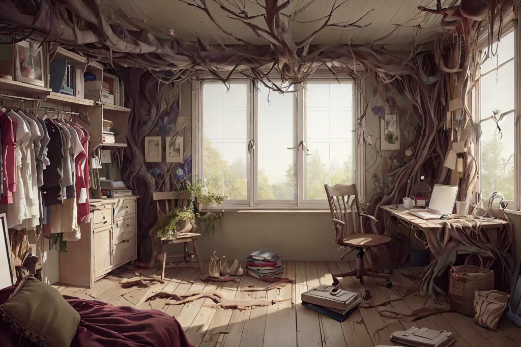 The image is a photo of a room that has been taken over by nature. The room is filled with overgrown plants and vines. The furniture is covered in leaves and branches. The walls are cracked and the paint is peeling. The floor is covered in leaves and dirt. The room is dark and gloomy. The only light comes from the small window that is covered in vines.