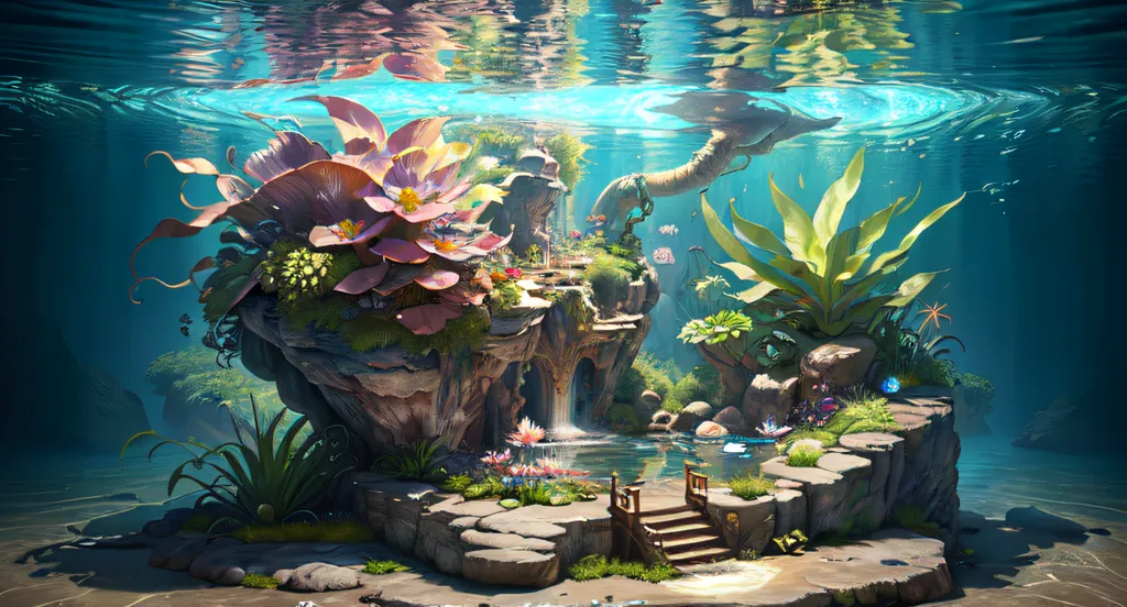 The image is a beautiful underwater scene. There is a rock in the middle of the image with a small waterfall flowing down the side. The rock is covered in pink and purple flowers and green plants. There are also some fish swimming around the rock. The water is crystal clear and you can see the reflection of the sun on the surface. The image is very peaceful and relaxing.