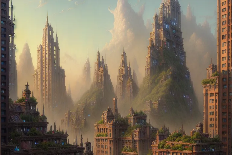 The image shows a city in the clouds. The city is built on a series of tall, narrow towers. The towers are covered in plants and vegetation. There are also a number of large, flying creatures in the sky. The city is very beautiful, but it also looks very dangerous.