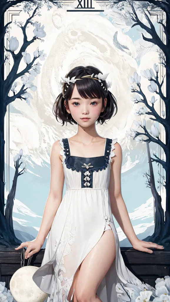 The image is of a young woman with short dark hair. She is wearing a white dress with a high slit, and there is a flower crown on her head. She is standing in front of a large moon, and there are cherry blossom trees on either side of her. The image has a soft, ethereal feel to it.