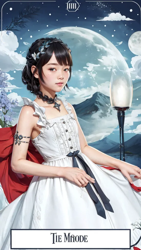 The image is a depiction of a young woman, likely in her late teens or early twenties. She has long, dark hair, fair skin, and dark eyes. She is wearing a white dress with a black sash and a red cloak. The dress has a sweetheart neckline and is trimmed with black lace. The woman is standing in front of a full moon. There are clouds in the background and a mountain range in the distance. The image is likely set at night. The woman is looking at the viewer with a serious expression.