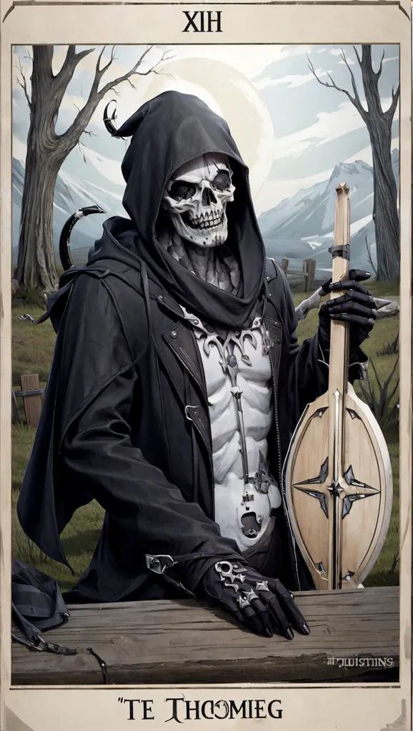 The image is a tarot card. It depicts a skeleton wearing a black robe with a hood. The skeleton is playing a lute. There are mountains in the background. The card is titled "Te Thomiec".