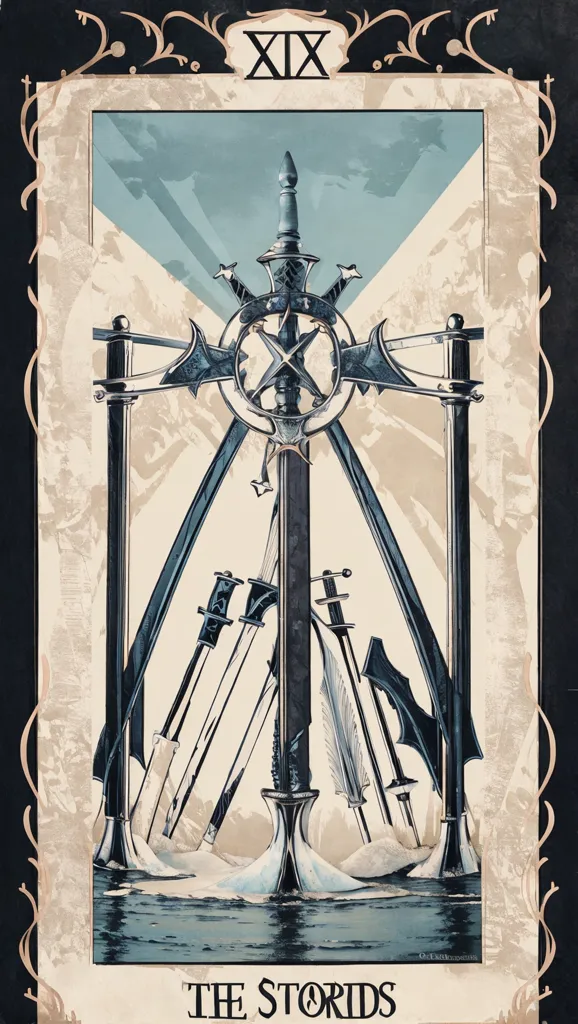 The image is a tarot card. It is the card for "The Stords". The card depicts a number of swords stuck into the ground in a X shape. The swords are pointing upwards. There is a large wave coming towards the swords. The wave is dark blue and white. The sky is light blue and white.