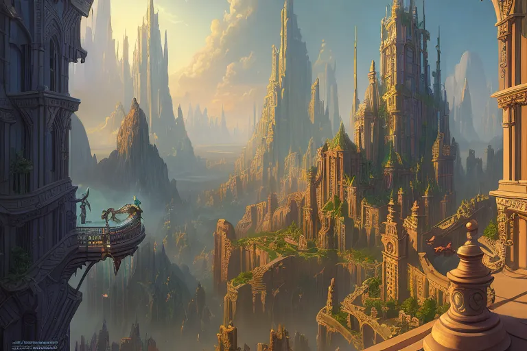 The image is a fantasy cityscape. There are many tall buildings and towers, and the city is built on a series of cliffs. There are also several large mountains in the background. The sky is a light blue color, and the sun is shining brightly. The city is very detailed, and there are many interesting things to look at. For example, there are several people flying around on broomsticks, and there is a large dragon flying in the sky. The city is also very large, and it would take a long time to explore it all.