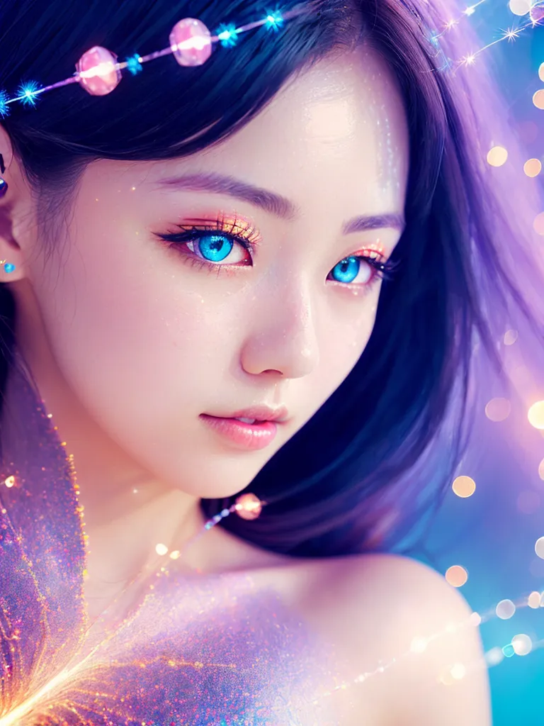 The picture shows a young woman with long black hair and blue eyes. She is wearing a white dress with a sweetheart neckline. There are some diamonds scattered around her head like stars. She is looking at the viewer with a gentle smile on her face. The background is a soft pink color.