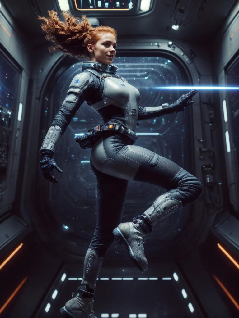 Esta es una imagen de una mujer joven con un traje espacial futurista. Tiene el cabello largo y rojo, y ojos verdes. Lleva un traje espacial blanco y gris con un casco de burbuja transparente. Está flotando en una nave espacial con un interior futurista. Hay una luz azul en el lado derecho de la imagen.