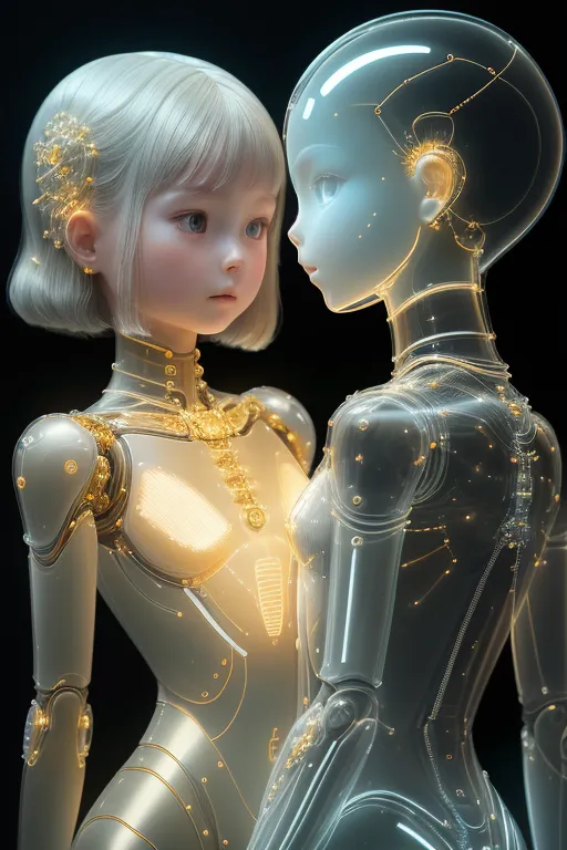 The image depicts two female figures standing closely next to each other against a dark background. Both figures appear to be androids or robots with light-colored, metallic bodies. The figure on the left has short white hair and golden accents on her body, while the figure on the right has a bald head and silver accents. The figure on the left is looking at the figure on the right with a neutral expression, while the figure on the right is looking straight at the viewer with a slight smile.