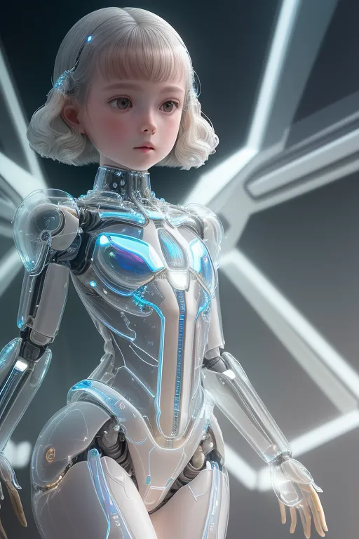 The image depicts a female gynoid with short white hair. She has pale skin and blue eyes. She is wearing a white and blue bodysuit that reveals her robotic endoskeleton. She is standing in a futuristic setting with a hexagonal grid pattern in the background.