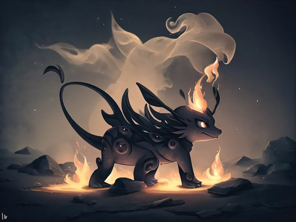 The image shows a small, black dragon with orange eyes and a flame-like mane. It is standing on a rocky surface, surrounded by flames. The background is dark and smoky. The dragon has a long, serpentine body with a pair of wings and a tail. Its skin is covered in scales, and its eyes are glowing orange. The flames around it are orange and yellow, and they appear to be coming from its body. The dragon's expression is one of determination and power. It seems to be ready to face any challenge that comes its way.