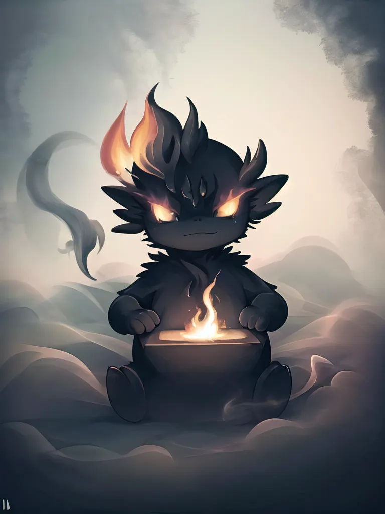 The image shows a small, black creature with red eyes and a flame-like mane. It is sitting on a rock in a foggy landscape. The creature is holding a small, black bowl with a flame inside it. The creature is looking at the flame with a curious expression.