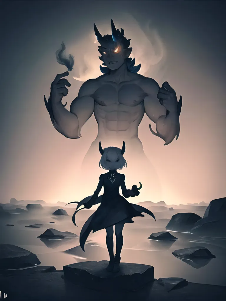 The image is of a muscular man with dark skin and horns standing in a rocky field. He is wearing a loincloth and has a cigarette in his mouth. He is looking down at a young woman with white hair and horns who is standing in front of him. She is wearing a black dress and has a determined expression on her face. In the background, there is a large body of water and a rocky shore. The image is dark and moody, and the colors are muted. The man is clearly the more powerful of the two figures, but the woman is not afraid of him. She is standing up to him, and she is determined to fight for what she believes in.