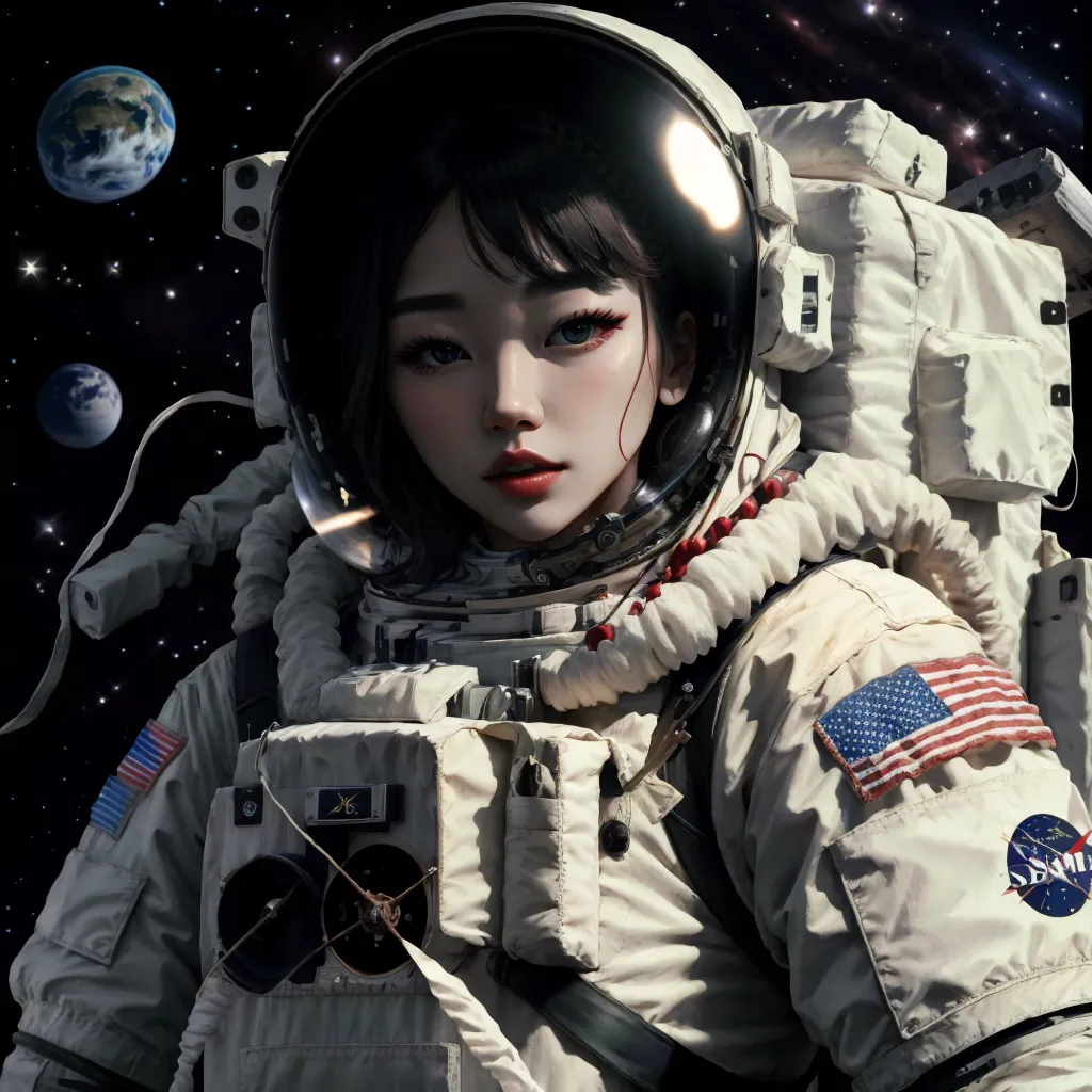 This is an image of a young Asian woman in a spacesuit with her helmet on. The spacesuit is white with an American flag patch on the arm and a NASA patch on the chest. She has a coral necklace on and dark hair. There are stars and planets in the background.