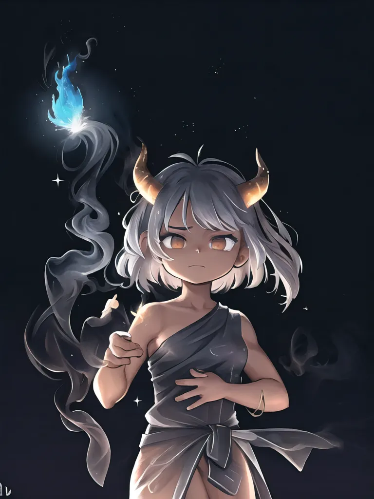 The image is of a young girl with short white hair and brown eyes. She has horns on her head and is wearing a dark colored dress. She is holding a blue flame in her hand. The background is dark with stars.