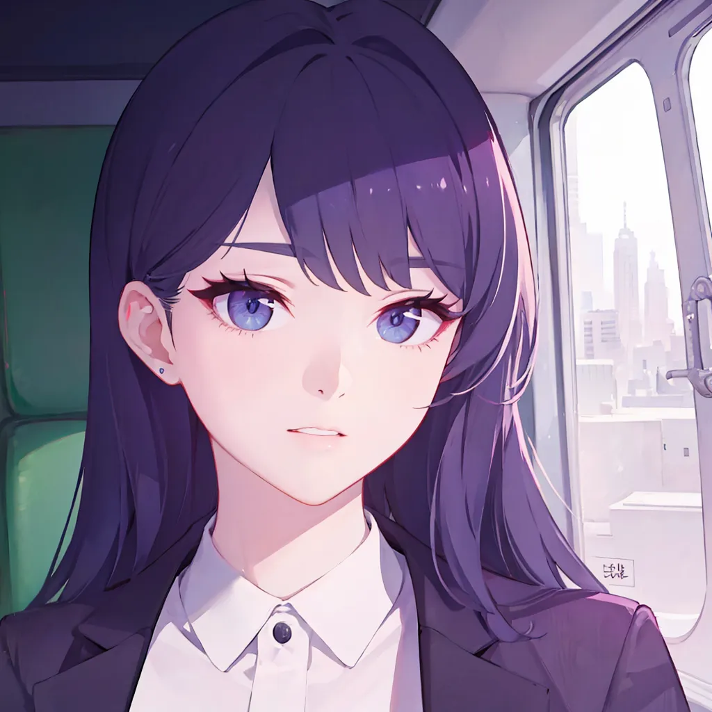 The image shows a young woman with purple hair and blue eyes. She is wearing a white shirt and a black suit jacket. She is sitting in a train or bus and looking out the window. The window is showing a cityscape with tall buildings.