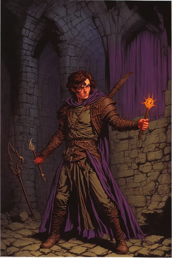 The image shows a young man standing in a dark stone corridor. He is wearing a purple cloak and brown leather armor. He has a sword in one hand and a glowing orb in the other. He has a determined look on his face, as if he is about to face a challenge.