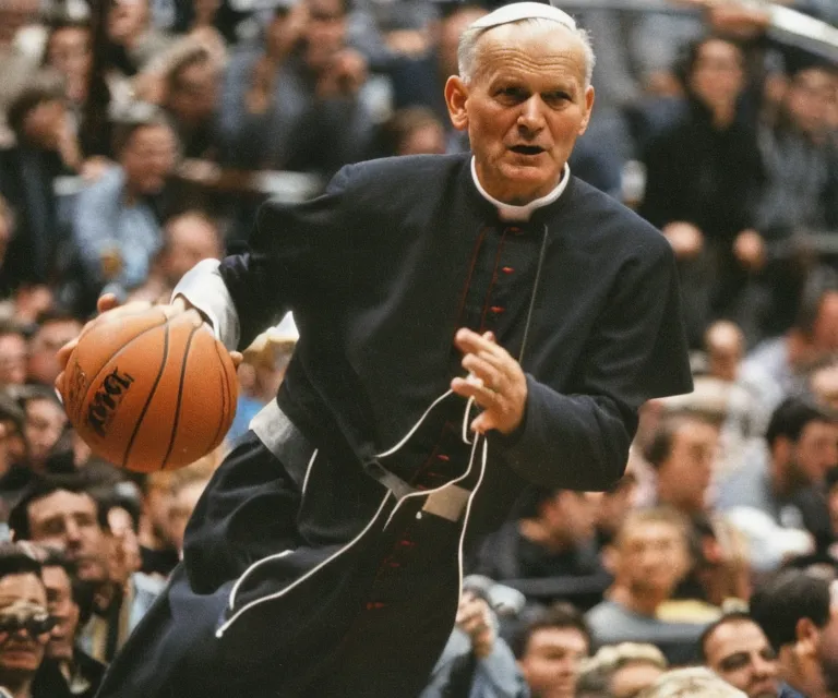 A imagem mostra o Papa João Paulo II jogando basquete. Ele está vestindo uma batina branca e um zucchetto branco. Ele está segurando uma bola de basquete na mão direita. Ele está cercado por uma multidão de pessoas que o estão assistindo jogar.