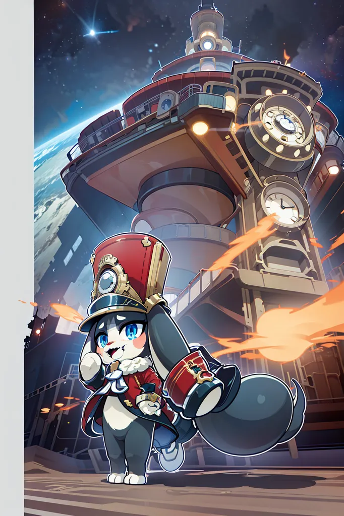 The image is a steampunk illustration of a rabbit-like creature in a military uniform. The creature is standing in front of a large clock tower. The clock tower is surrounded by flames. There are also several buildings in the background. The image is set in a steampunk world.