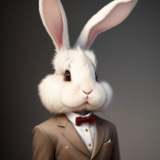 The image shows a rabbit wearing a suit and bow tie. The rabbit is white with brown eyes and a pink nose. It is looking at the camera with a slightly puzzled expression. The suit is brown with a white shirt and red bow tie. The background is a dark grey.