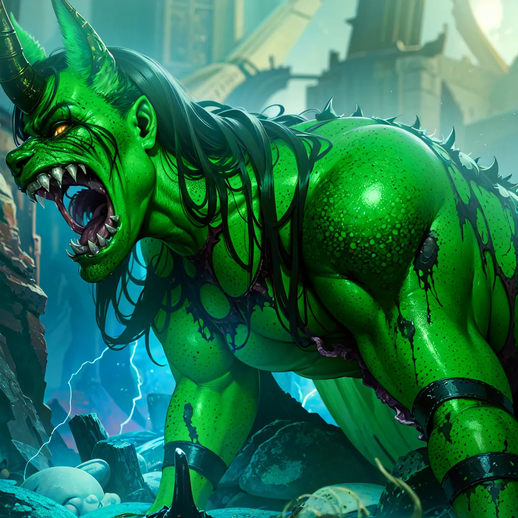 The image is a digital painting of a green demon. The demon has long black hair, green skin, and yellow eyes. It is wearing a black loincloth and has a large, muscular build. The demon is standing in a ruined city, and there are large rocks and debris all around it. The demon is roaring, and its teeth are bared. It looks like it is ready to attack.