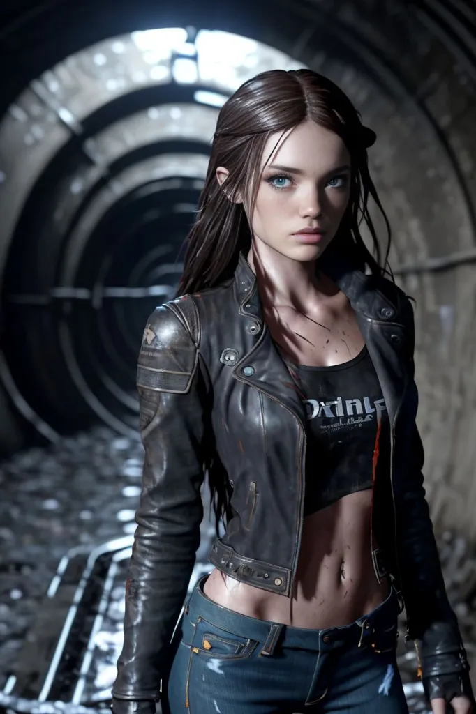 This is an image of a young woman, probably in her 20s. She has long, dark brown hair, blue eyes, and a fair complexion. She is wearing a black leather jacket, a white crop top, and blue jeans. She is standing in a dark, underground tunnel. There is a tunnel in the background. The woman looks like she is from the future. She has a confident expression on her face.