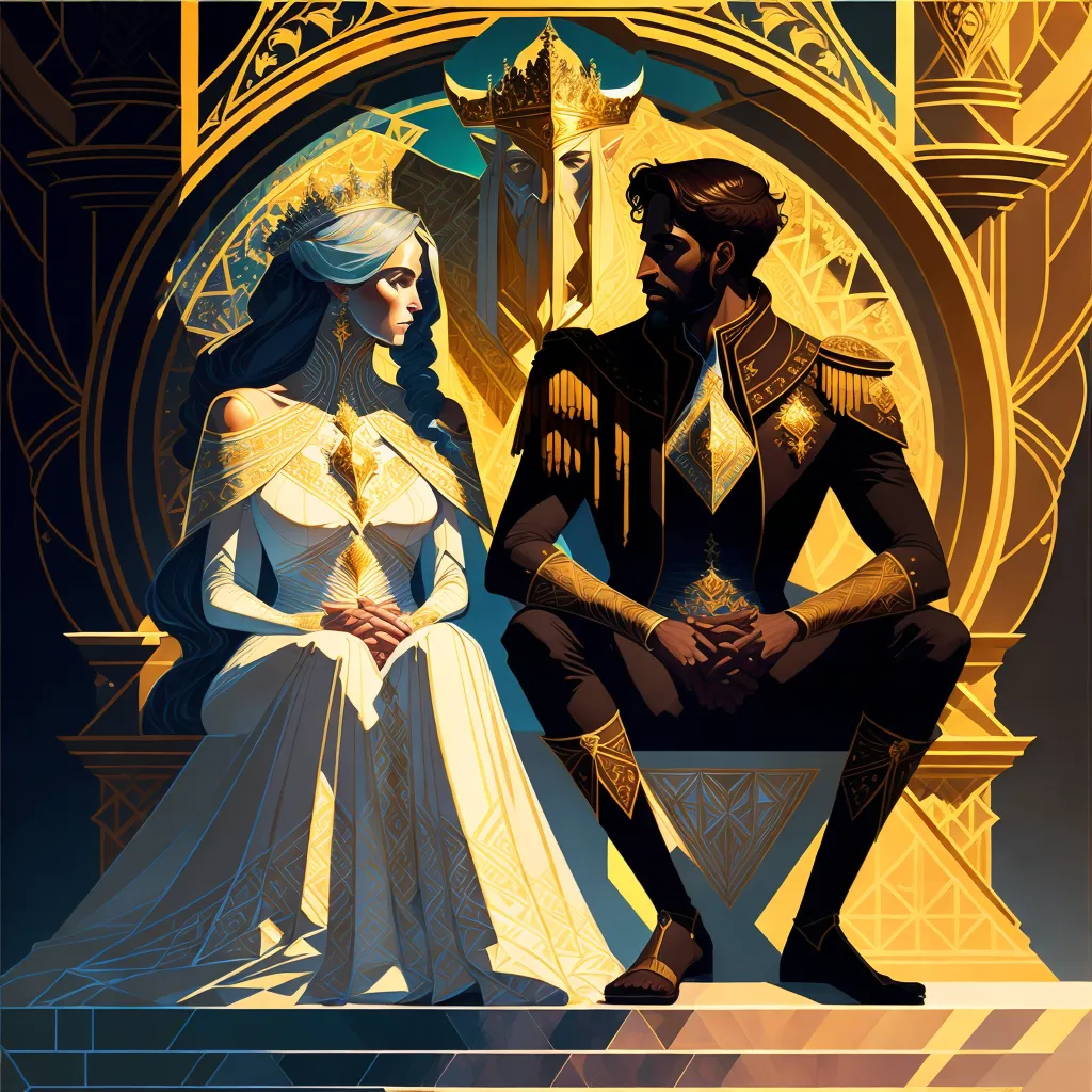 The image is of a man and a woman sitting on a throne. The man is on the right side of the image and the woman is on the left side. They are both wearing crowns and the woman is wearing a white dress and the man is wearing a black suit. There is a person behind them sitting on a higher throne that is much larger than the one the man and woman are sitting on. The person in the larger throne is wearing a blue cloak and has a beard.