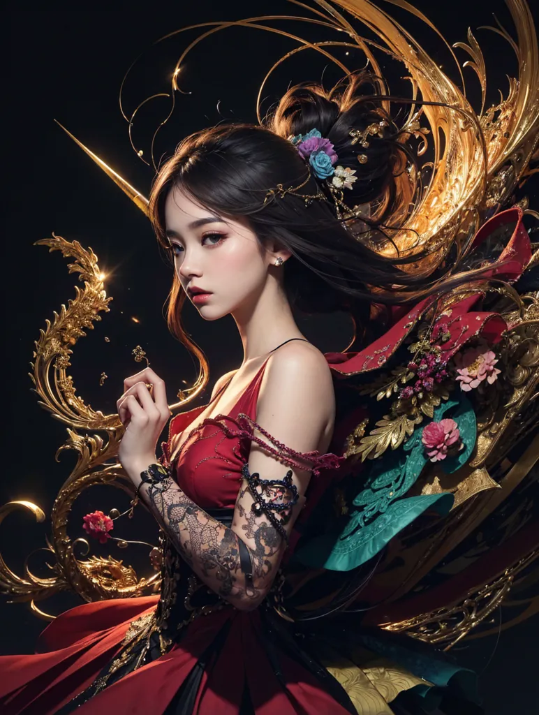 The image is a portrait of a beautiful young woman with long, dark hair. She is wearing a red dress with a sweetheart neckline and a gold necklace with a large pendant in the center. Her hair is pulled back in a bun and she is wearing a gold headpiece with flowers and leaves. Her right hand is holding the left side of her dress. She has a serious expression on her face. The background is dark with a glowing, golden, floral pattern.