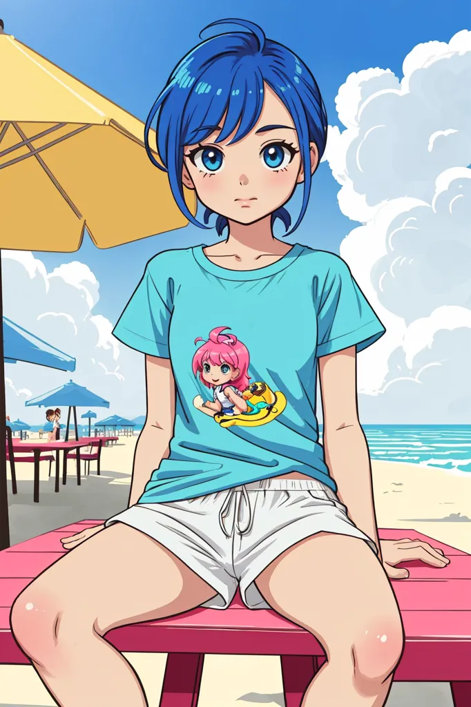 The image shows a young woman with blue hair and blue eyes. She is wearing a light blue t-shirt with a pink and yellow cartoon character on it, and white shorts. She is sitting on a red bench on the beach, with a yellow umbrella and several other beach chairs in the background. There are also white clouds and a blue sea in the background.